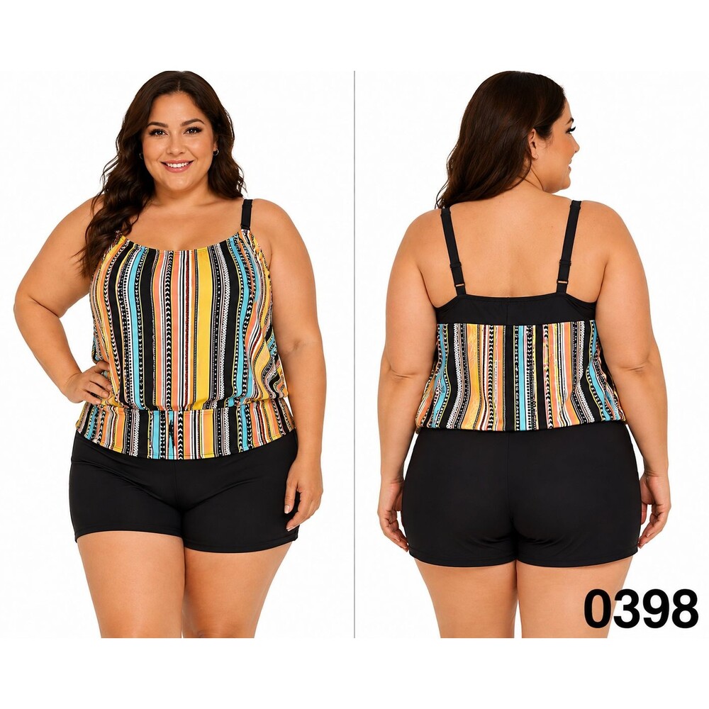 Vibrant Multi-Stripe Plus Size Tankini Swimsuit w/ Boyshorts – Size XL - 0398